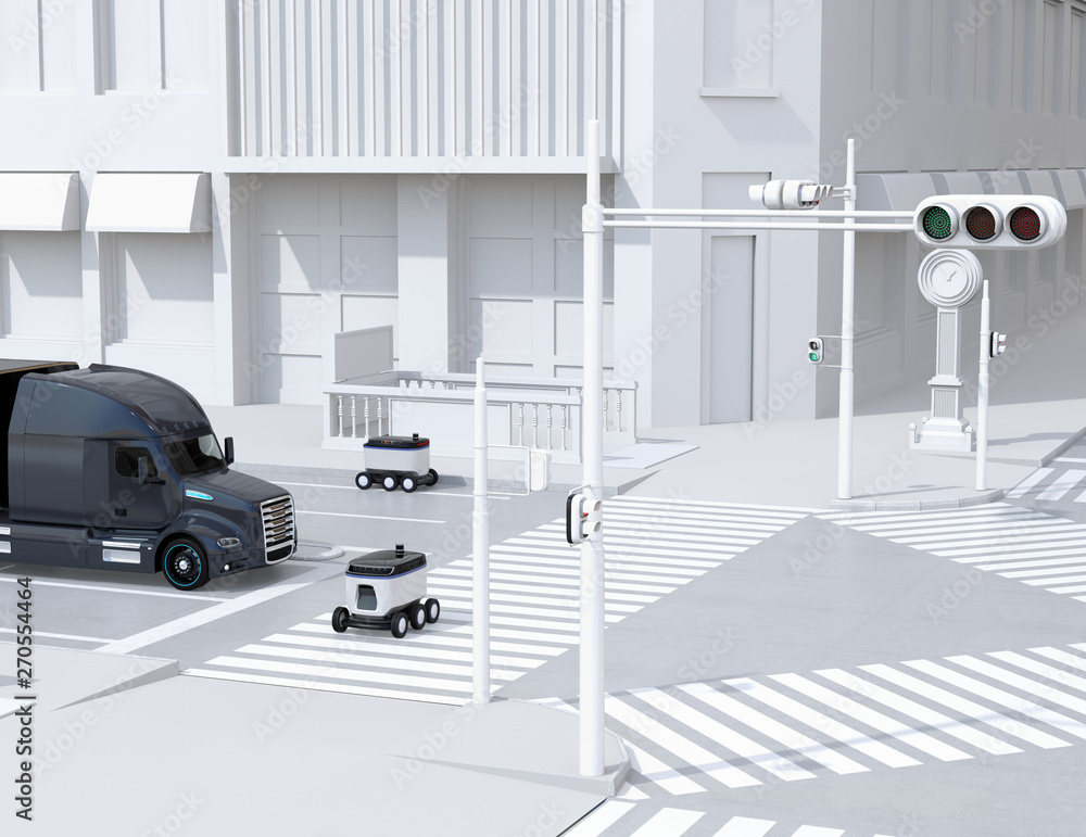 Poster self-driving delivery robots on the street. one crossing the road with a pedestrian crossing. 3d ren