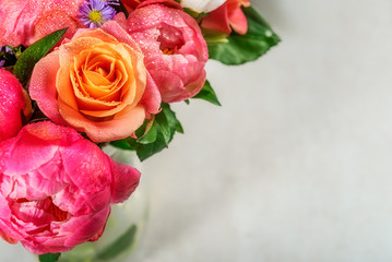Bouquet of fresh pink peonies and roses. Card Concept, pastel colors, close up image