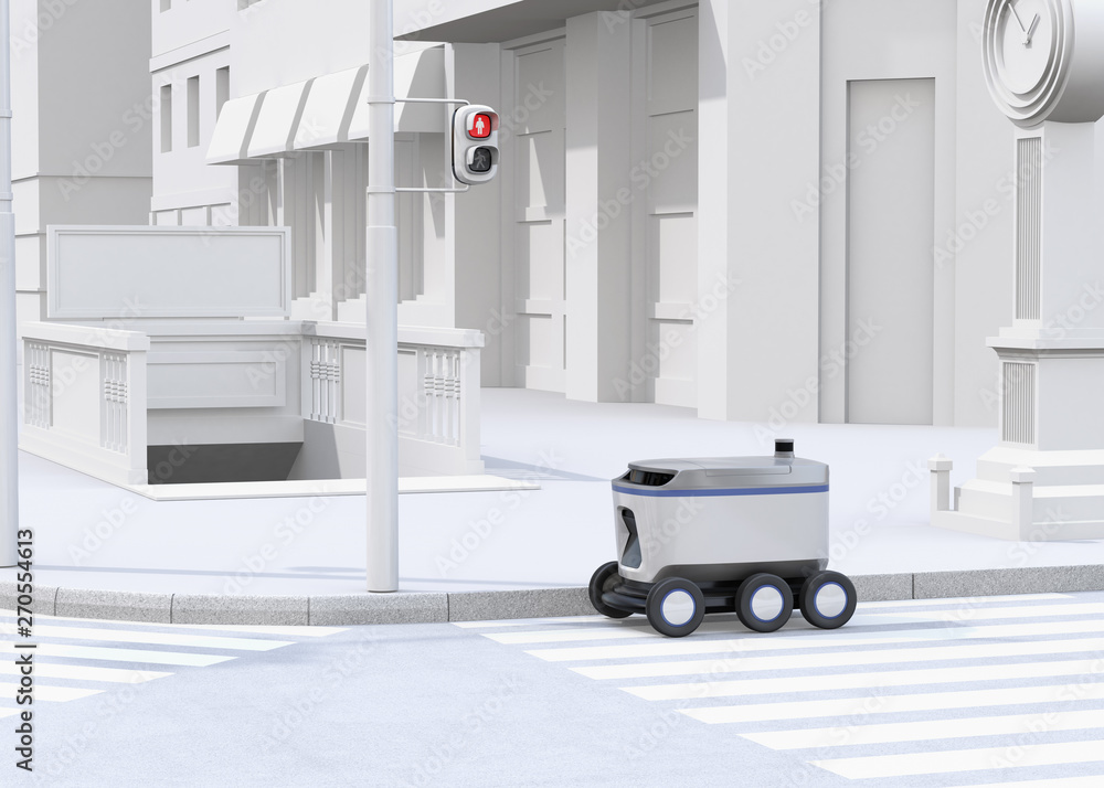Poster self-driving delivery robot moving on the street. 3d rendering image.