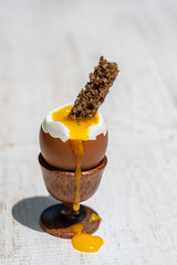 Soft boiled egg in eggcup with slice of toasted toast on white wooden table background