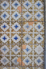 Traditional Portuguese ceramic tiles wall. Typical exterior decoration on house in Portugal.