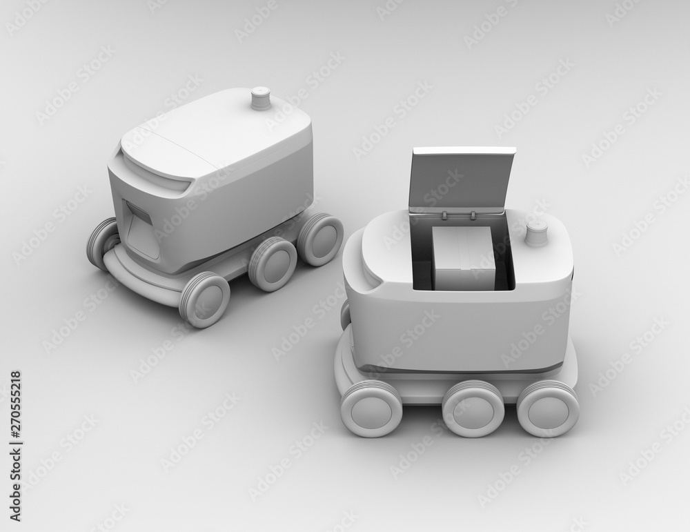 Aufkleber clay rendering of self-driving delivery robots. one's cover opened for picking parcels. 3d rendering