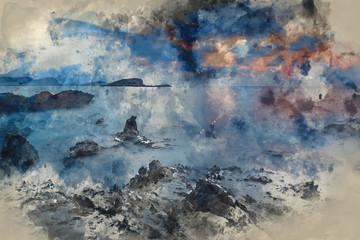 Watercolor painting of Sunrise over rocky coastline on Meditarranean Sea landscape in Summer