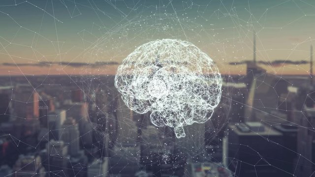 Digital animation of brain hologram. Holographic rendering brain, against the background of skyscrapers. concept of business processes and communications, technology, connection