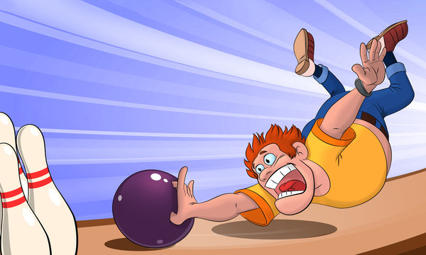 a man in a yellow t-shirt throws a bowling ball and falls on the playing track, a man playing bowling on a blue background