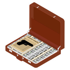 Brown briefcase with top secret documents, gun and million dollars