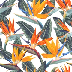 Wallpaper murals Paradise tropical flower Bright seamless pattern with tropical flowers and leaves of Strelitzia Reginae. Realistic style, hand drawn, vector. Background for prints, fabric, invitation cards, wedding decoration, wallpapers.