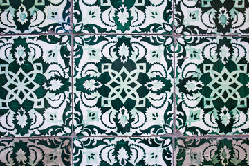 Traditional Portuguese ceramic tiles wall. Typical exterior decoration on house in Portugal.