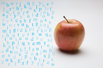 Manzana sana y saludable con dibujos y símbolos, fórmulas y otras cosas