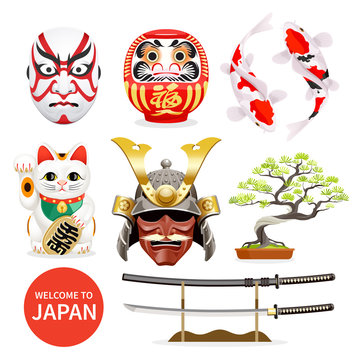 Japan art culture elements icons. Vector Illustration.