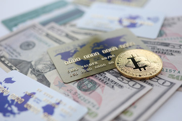 Gold coin bitcoin closeup lie on table