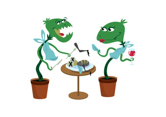 Carnivorous plant couple having a romantic dinner vector. Funny carnivorous flower cartoon character. Carnivorous plant icon isolated on a white background