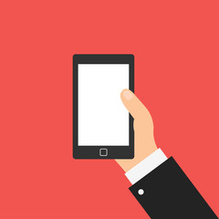 Hand with smartphone. Icon in flat design isolated. Vector