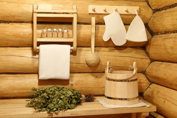 Sauna accessories in the interior of the bathhouse.