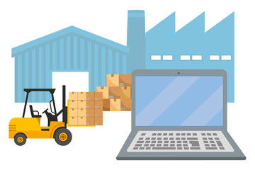 laptop with lift truck vector illustration