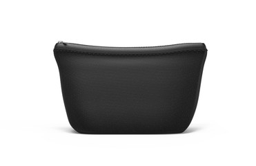 Blank leather pouch for cosmetics mock up on isolated white background, empty linen beautician bag with zip mock up template, 3d illustration