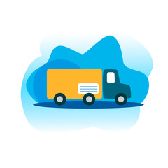 Vector modern illustration truck delivery post box concept in flat style. Lorry in the road in the background of clouds and trees.Can use for banner,  card, presentation, landing page website