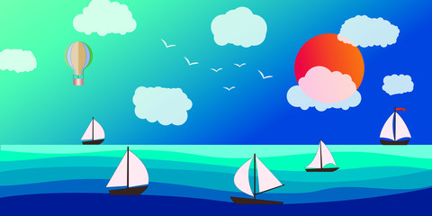 Fototapeta na wymiar Yacht sailing on opened sea. Summer holidays concept. Little Boat in blue ocean.