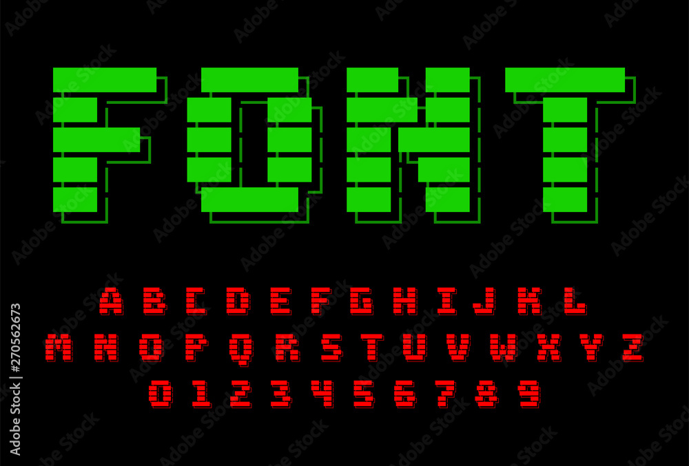 Poster old computer font. retro alphabet in 8 bit style.
