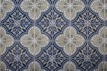 Traditional Portuguese ceramic tiles wall. Typical exterior decoration on house in Portugal.