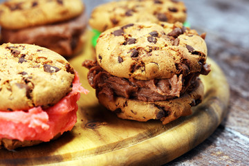 ice cream sandwiches with strawberry and chocolate. Chocolate Chip Cookie Ice Cream Sandwich