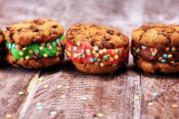 ice cream sandwiches with strawberry and chocolate. Chocolate Chip Cookie Ice Cream Sandwich