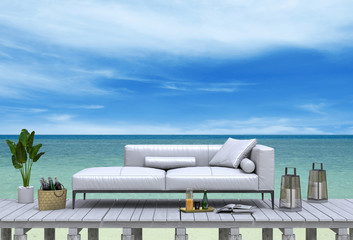 Fototapeta na wymiar 3D rendering of the beach lounge - sundeck on sea view for vacation.