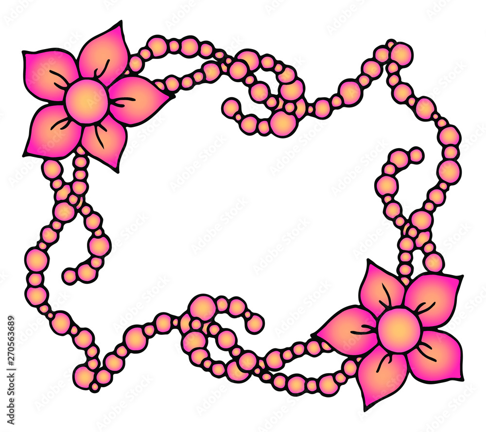 Wall mural Hand drawn floral frame with two flowers and pearls in doodle style. Isolated decorative colored cartoon vector illustration on white background