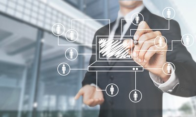 Businessman and  analytics symbols on  background