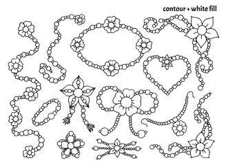 Set of hand drawn floral accessories, frames and borders in doodle style with black contour and white fill. Isolated decorative vector illustration with flowers and pearls or beads
