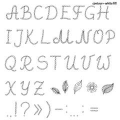 Hand drawn alphabet calligraphy set in doodle style with pearls or beads, flower and leaves. Hand written isolated vector typography capital letters and punctuation marks on white background