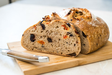 Artisan Bakery Bread with Dried Tomatoes and Black Olive Ready to Eat.