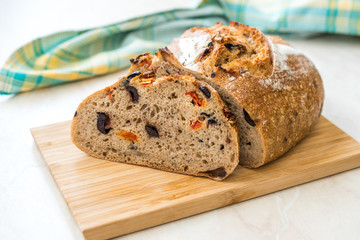 Artisan Bakery Bread with Dried Tomatoes and Black Olive Ready to Eat.