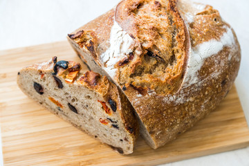 Artisan Bakery Bread with Dried Tomatoes and Black Olive Ready to Eat.