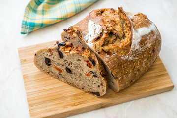 Artisan Bakery Bread with Dried Tomatoes and Black Olive Ready to Eat.