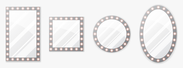 Set of makeup mirror with gold lights. Vector illustration