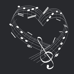 Music notes in the shape of the heart. Vector illustration of white music notes on black background.