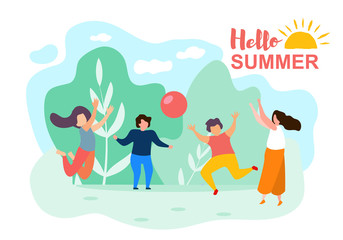Fototapeta na wymiar Cartoon Children Play Ball Sunny Summer Day Park