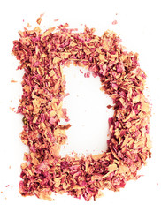Letter D, made of rose petals, isolated on white background. Food typography, english alphabet....