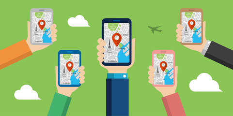 mobile gps navigation service flat illustration.  Hand-holding mobile phone with map application (Tokyo city )