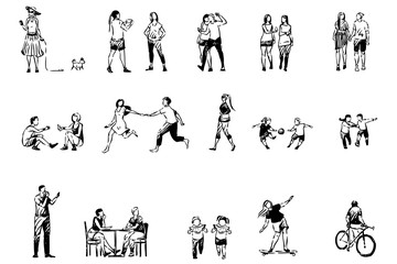 People spend time together, friends and couples, children eat watermelon, skating, cycling, summertime activities set