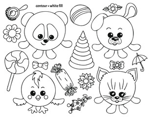 Set of cute hand drawn round animals (panda, dog, chicken, cat), flowers and baby toys in doodle style. Colorless (black contour with white fill) isolated flat cartoon vector illustration