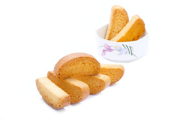 Rusk, twice baked bread, Cake rusk on white background