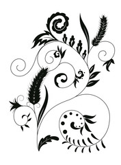 Black floral decorative tattoo pattern with flowers, wheat and leaves on white background. Isolated fantasy vector illustration