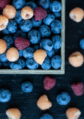 Fototapeta na wymiar A tasty and healthy snack: a box of raspberries and blueberries.
