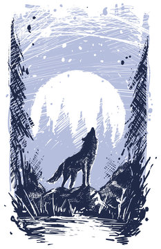 Graphic silhouette howling wolf standing on stone in forest. On full moon with snow background. Line art style. Nature landscape.