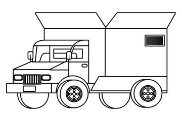 truck with a big box in the back in black and white