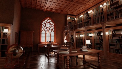 Realistic 3D Render of Old Antique Library © bescec