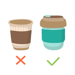 Reusable coffee cup and disposable cup - zero waste concept illustration. Sustainable lifestyle, reduce plastic