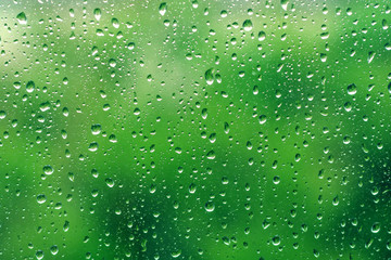 Fototapeta na wymiar Rain drops on window with green tree as background. Natural water drops on glass. Selective focus